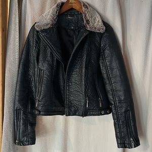 Faux black leather jacket.